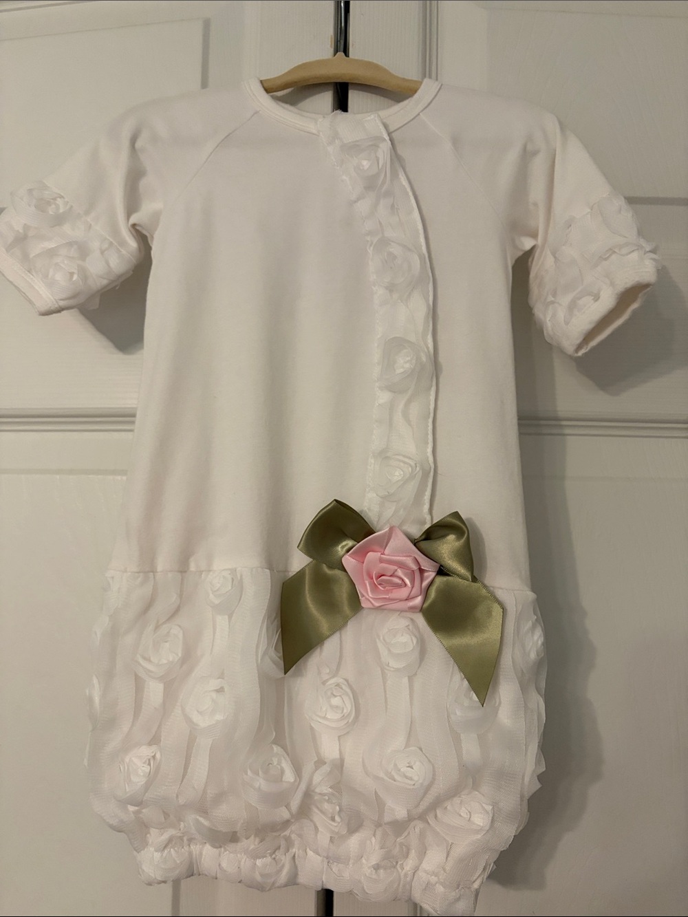 White Baby Gown Stephan Baby with Pink Rose and Olive Satin Bow Size 0-6 Months